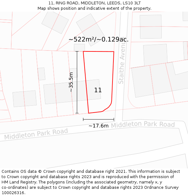 11, RING ROAD, MIDDLETON, LEEDS, LS10 3LT: Plot and title map