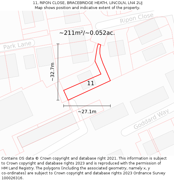 11, RIPON CLOSE, BRACEBRIDGE HEATH, LINCOLN, LN4 2UJ: Plot and title map