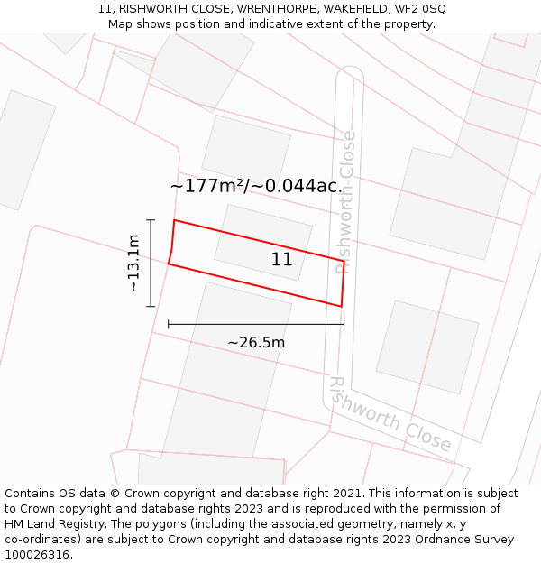 11, RISHWORTH CLOSE, WRENTHORPE, WAKEFIELD, WF2 0SQ: Plot and title map