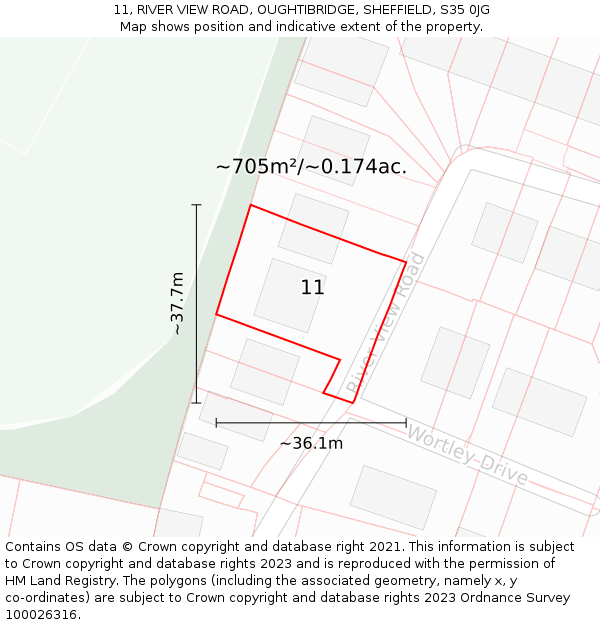 11, RIVER VIEW ROAD, OUGHTIBRIDGE, SHEFFIELD, S35 0JG: Plot and title map