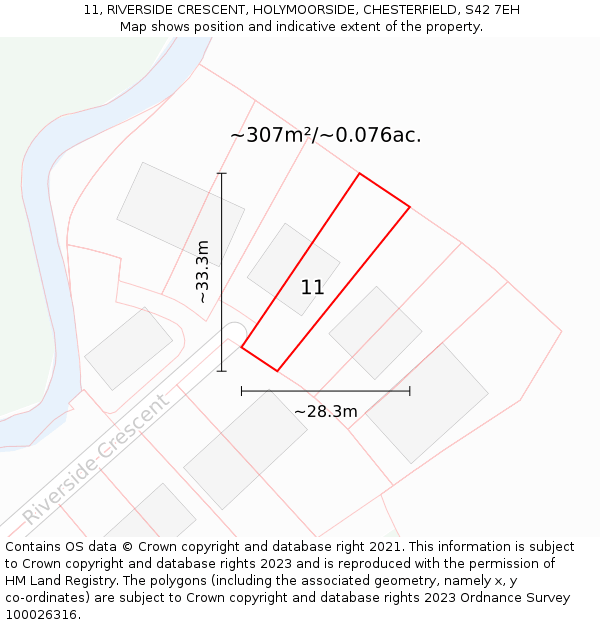 11, RIVERSIDE CRESCENT, HOLYMOORSIDE, CHESTERFIELD, S42 7EH: Plot and title map