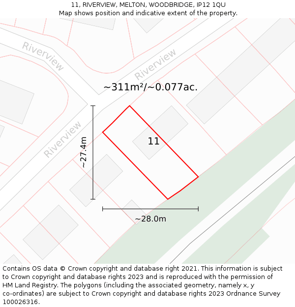 11, RIVERVIEW, MELTON, WOODBRIDGE, IP12 1QU: Plot and title map