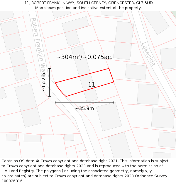 11, ROBERT FRANKLIN WAY, SOUTH CERNEY, CIRENCESTER, GL7 5UD: Plot and title map