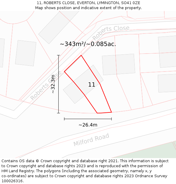11, ROBERTS CLOSE, EVERTON, LYMINGTON, SO41 0ZE: Plot and title map