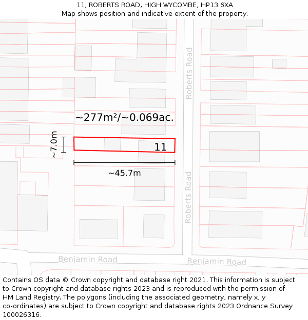 11, ROBERTS ROAD, HIGH WYCOMBE, HP13 6XA: Plot and title map