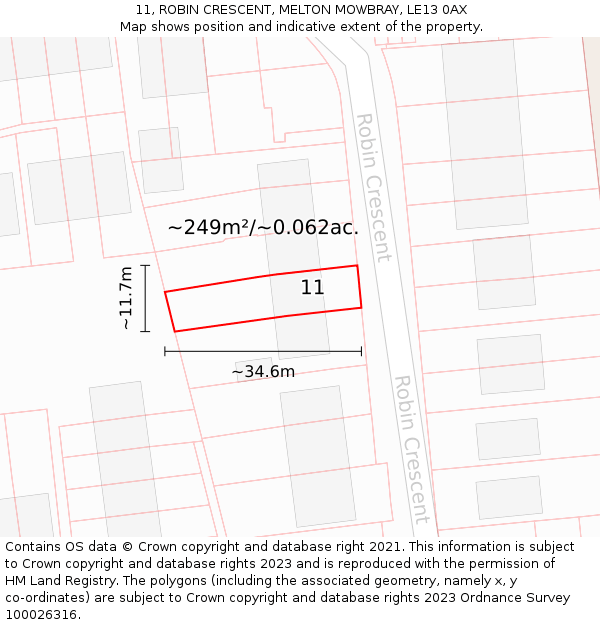 11, ROBIN CRESCENT, MELTON MOWBRAY, LE13 0AX: Plot and title map