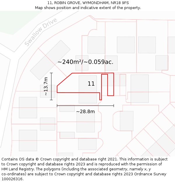 11, ROBIN GROVE, WYMONDHAM, NR18 9FS: Plot and title map