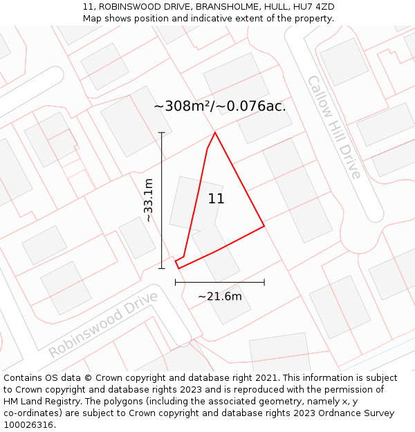 11, ROBINSWOOD DRIVE, BRANSHOLME, HULL, HU7 4ZD: Plot and title map