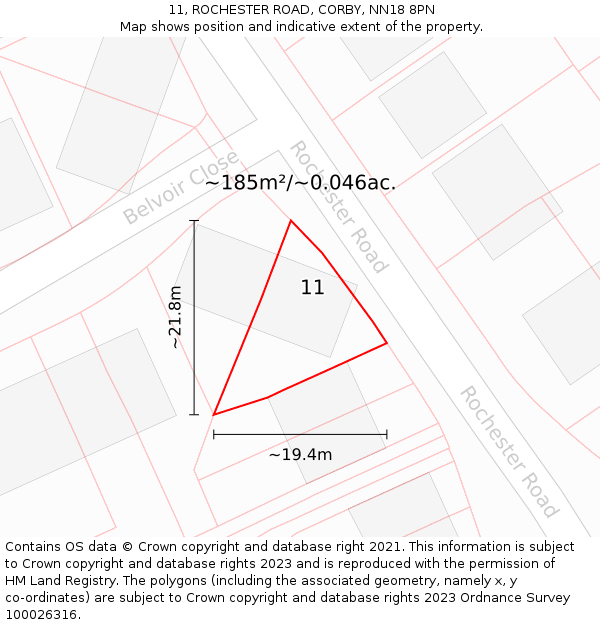 11, ROCHESTER ROAD, CORBY, NN18 8PN: Plot and title map