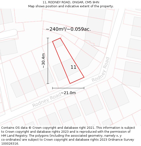 11, RODNEY ROAD, ONGAR, CM5 9HN: Plot and title map