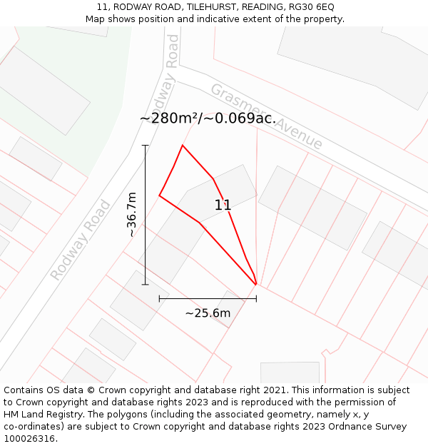 11, RODWAY ROAD, TILEHURST, READING, RG30 6EQ: Plot and title map