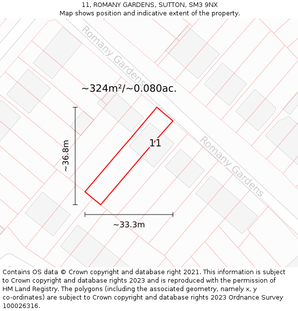 11, ROMANY GARDENS, SUTTON, SM3 9NX: Plot and title map