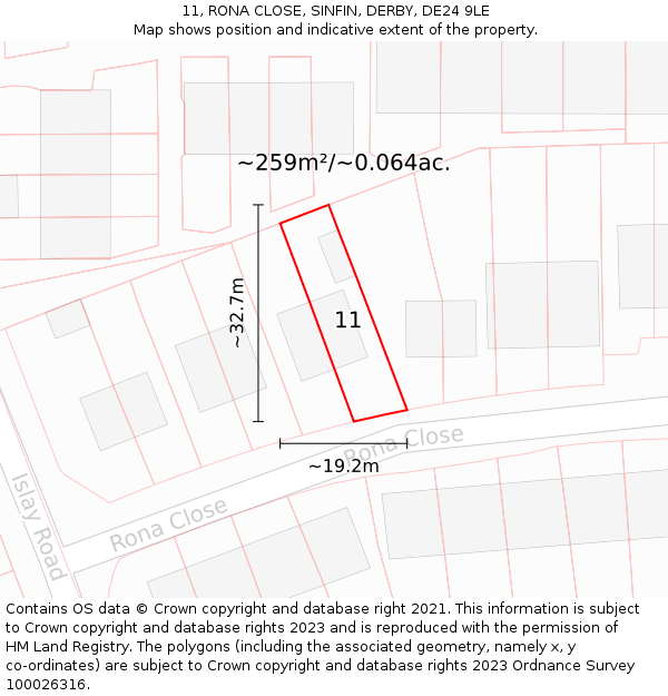 11, RONA CLOSE, SINFIN, DERBY, DE24 9LE: Plot and title map