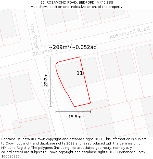 11, ROSAMOND ROAD, BEDFORD, MK40 3SS: Plot and title map