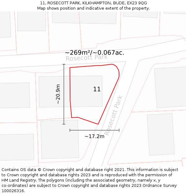 11, ROSECOTT PARK, KILKHAMPTON, BUDE, EX23 9QG: Plot and title map