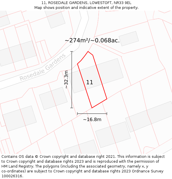 11, ROSEDALE GARDENS, LOWESTOFT, NR33 9EL: Plot and title map