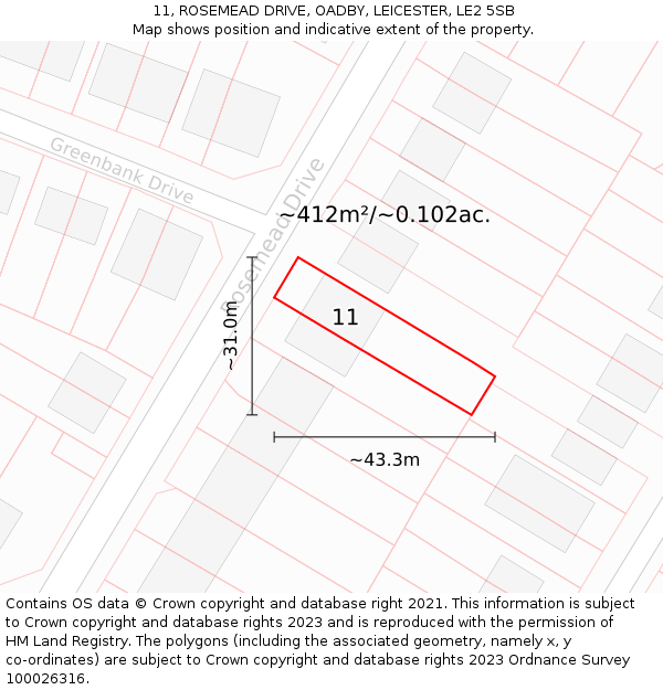 11, ROSEMEAD DRIVE, OADBY, LEICESTER, LE2 5SB: Plot and title map