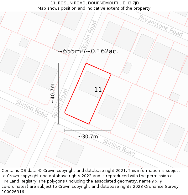 11, ROSLIN ROAD, BOURNEMOUTH, BH3 7JB: Plot and title map