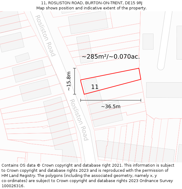 11, ROSLISTON ROAD, BURTON-ON-TRENT, DE15 9RJ: Plot and title map