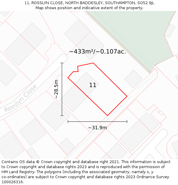 11, ROSSLYN CLOSE, NORTH BADDESLEY, SOUTHAMPTON, SO52 9JL: Plot and title map