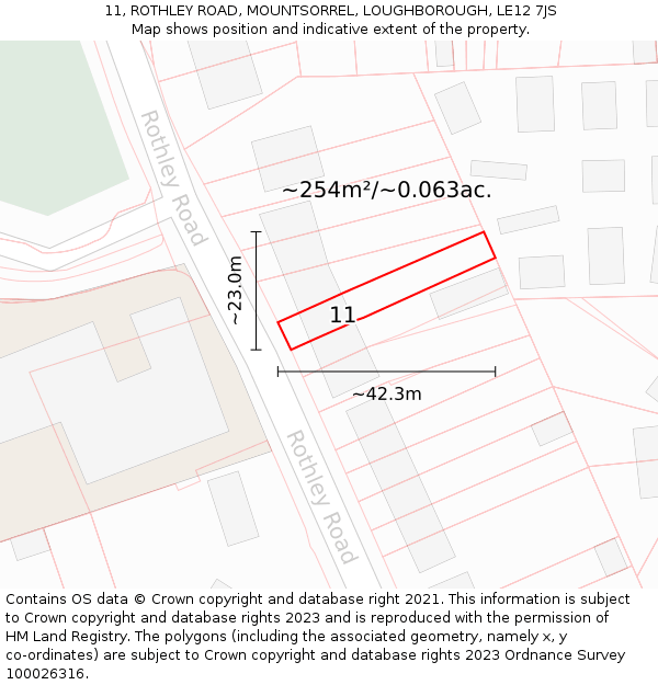 11, ROTHLEY ROAD, MOUNTSORREL, LOUGHBOROUGH, LE12 7JS: Plot and title map