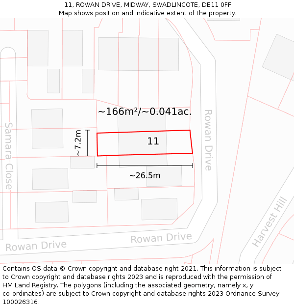 11, ROWAN DRIVE, MIDWAY, SWADLINCOTE, DE11 0FF: Plot and title map