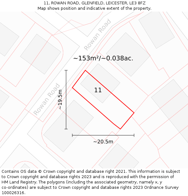 11, ROWAN ROAD, GLENFIELD, LEICESTER, LE3 8FZ: Plot and title map