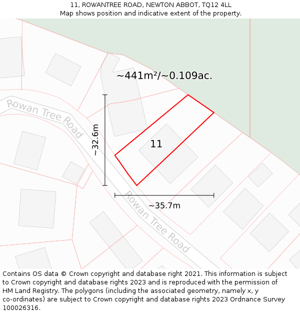 11, ROWANTREE ROAD, NEWTON ABBOT, TQ12 4LL: Plot and title map