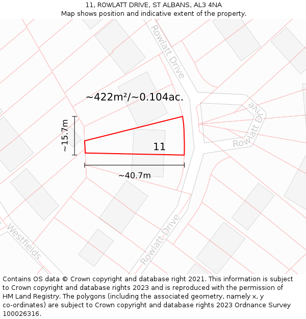 11, ROWLATT DRIVE, ST ALBANS, AL3 4NA: Plot and title map