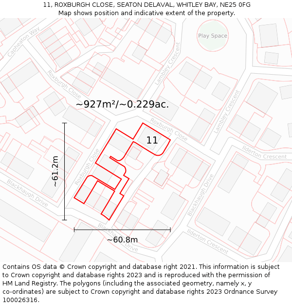 11, ROXBURGH CLOSE, SEATON DELAVAL, WHITLEY BAY, NE25 0FG: Plot and title map