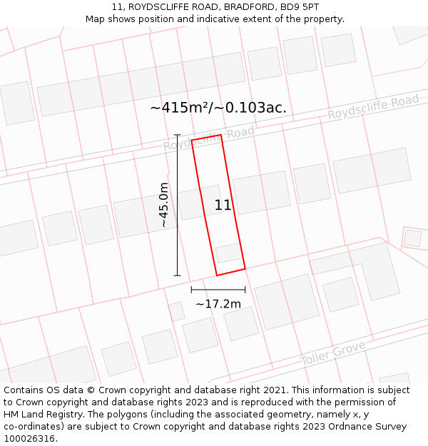 11, ROYDSCLIFFE ROAD, BRADFORD, BD9 5PT: Plot and title map