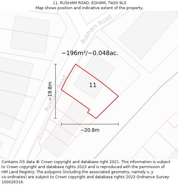 11, RUSHAM ROAD, EGHAM, TW20 9LS: Plot and title map
