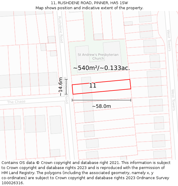 11, RUSHDENE ROAD, PINNER, HA5 1SW: Plot and title map