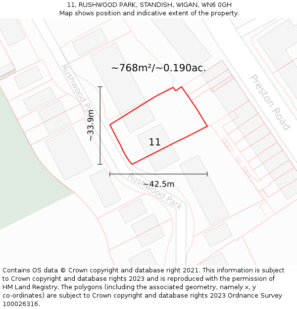 11, RUSHWOOD PARK, STANDISH, WIGAN, WN6 0GH: Plot and title map