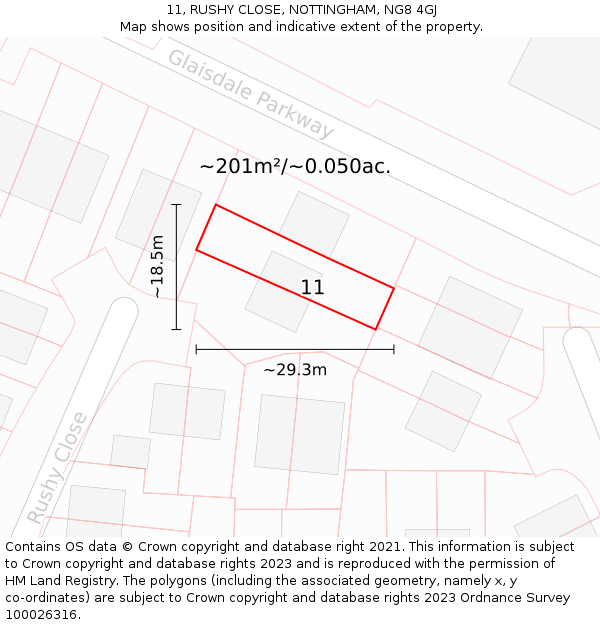 11, RUSHY CLOSE, NOTTINGHAM, NG8 4GJ: Plot and title map