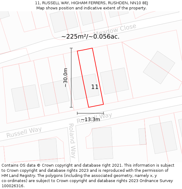 11, RUSSELL WAY, HIGHAM FERRERS, RUSHDEN, NN10 8EJ: Plot and title map