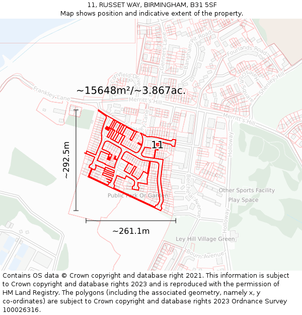 11, RUSSET WAY, BIRMINGHAM, B31 5SF: Plot and title map