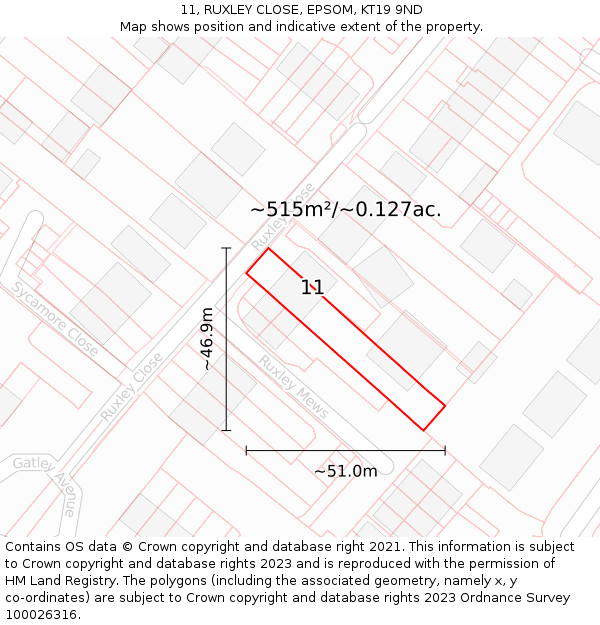 11, RUXLEY CLOSE, EPSOM, KT19 9ND: Plot and title map