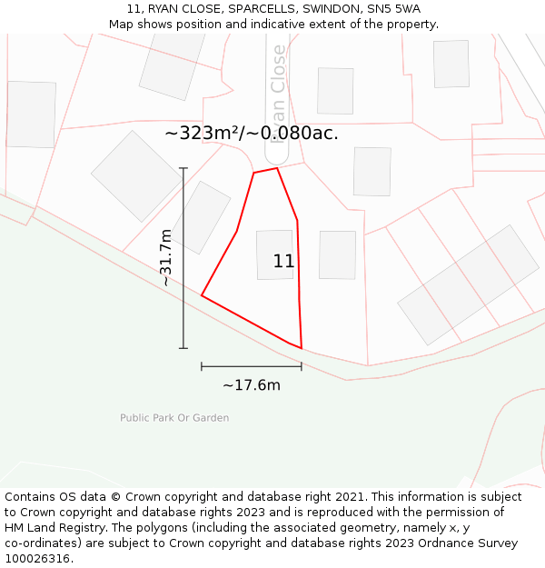 11, RYAN CLOSE, SPARCELLS, SWINDON, SN5 5WA: Plot and title map