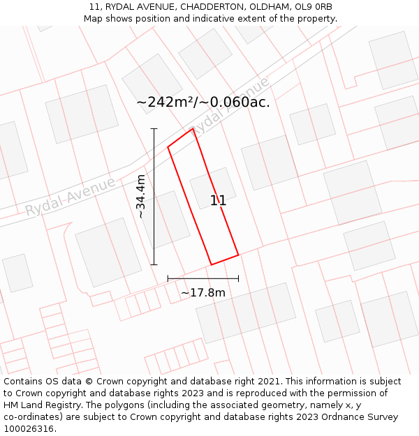 11, RYDAL AVENUE, CHADDERTON, OLDHAM, OL9 0RB: Plot and title map