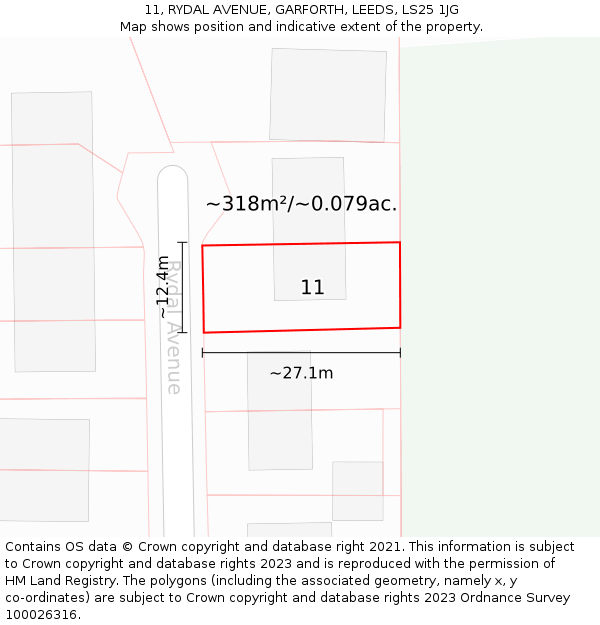 11, RYDAL AVENUE, GARFORTH, LEEDS, LS25 1JG: Plot and title map