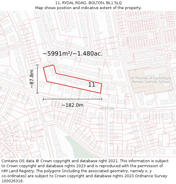 11, RYDAL ROAD, BOLTON, BL1 5LQ: Plot and title map