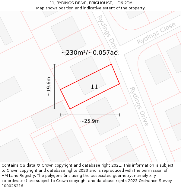 11, RYDINGS DRIVE, BRIGHOUSE, HD6 2DA: Plot and title map