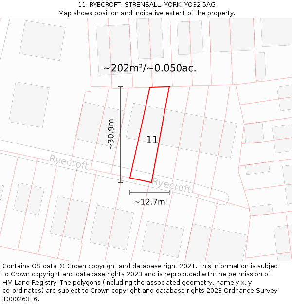 11, RYECROFT, STRENSALL, YORK, YO32 5AG: Plot and title map
