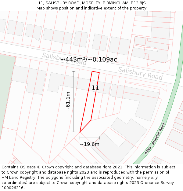 11, SALISBURY ROAD, MOSELEY, BIRMINGHAM, B13 8JS: Plot and title map