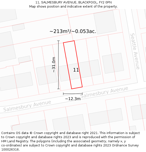 11, SALMESBURY AVENUE, BLACKPOOL, FY2 0PN: Plot and title map