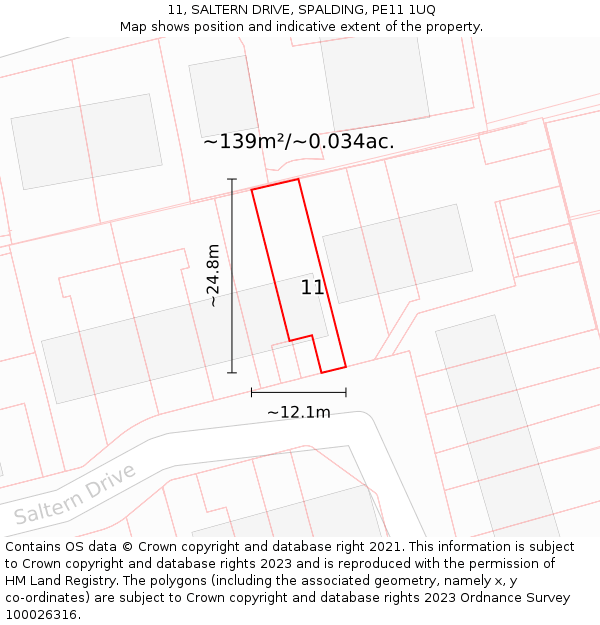 11, SALTERN DRIVE, SPALDING, PE11 1UQ: Plot and title map