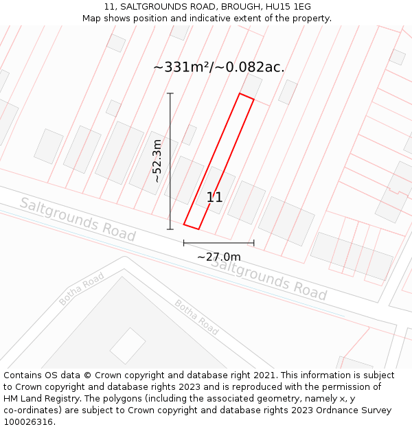 11, SALTGROUNDS ROAD, BROUGH, HU15 1EG: Plot and title map