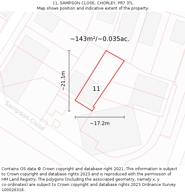 11, SAMPSON CLOSE, CHORLEY, PR7 3TL: Plot and title map