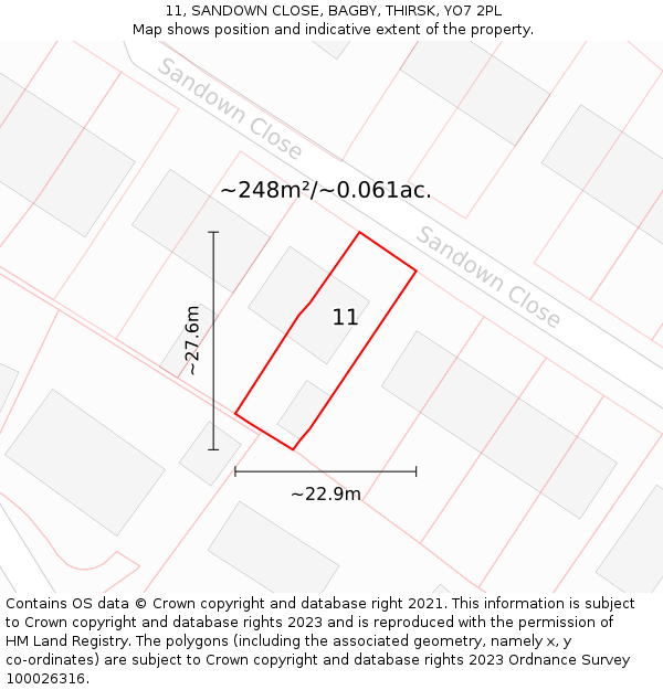 11, SANDOWN CLOSE, BAGBY, THIRSK, YO7 2PL: Plot and title map